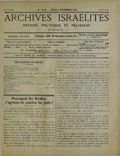 Archives israélites de France. Vol.94 N°42-43 (02 nov. 1933)